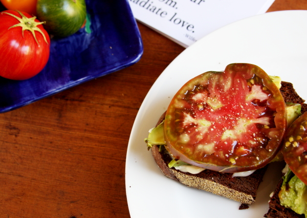 tomato avocado close up Heirloom Tomato and Avocado Sandwich recipe